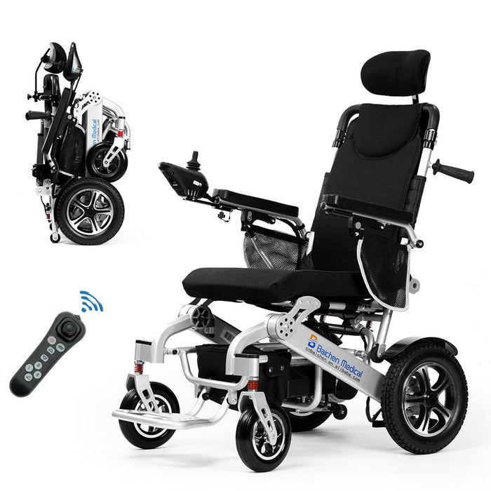 Silla de ruedas eléctrica plegable ligera con ruedas grandes y respaldo