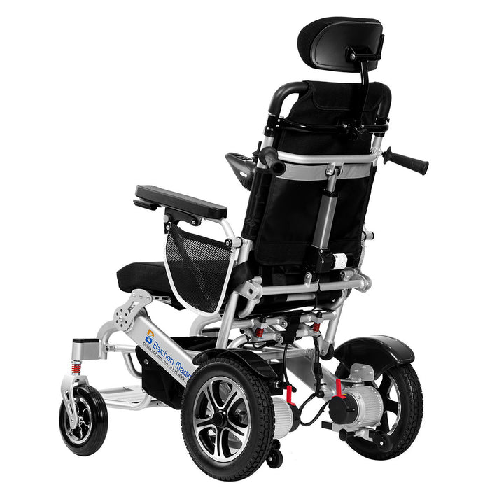 Silla de ruedas eléctrica plegable ligera con ruedas grandes y respaldo