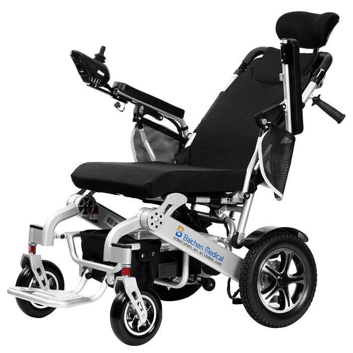 Silla de ruedas eléctrica plegable ligera con ruedas grandes y respaldo