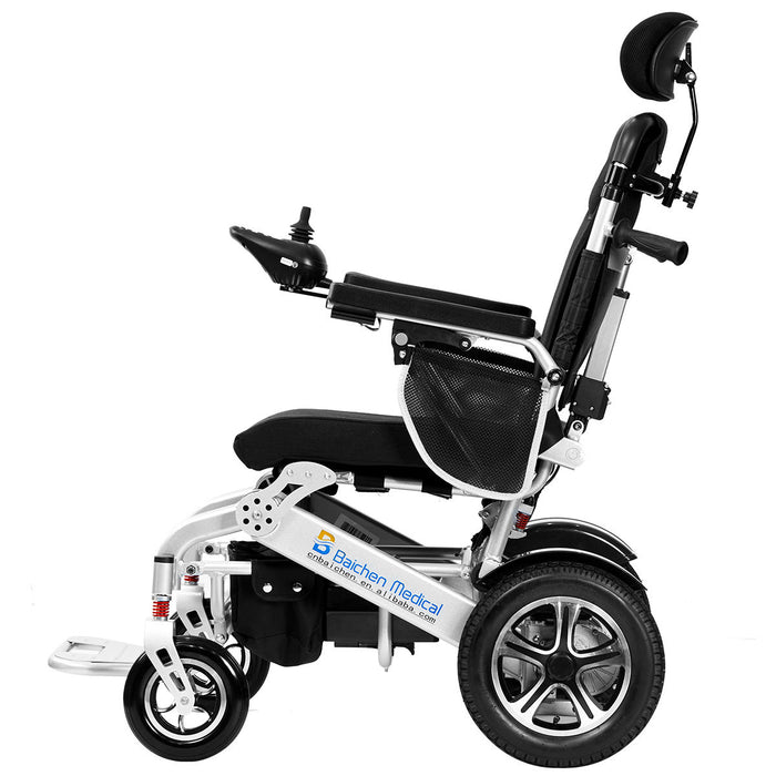 Silla de ruedas eléctrica plegable ligera con ruedas grandes y respaldo