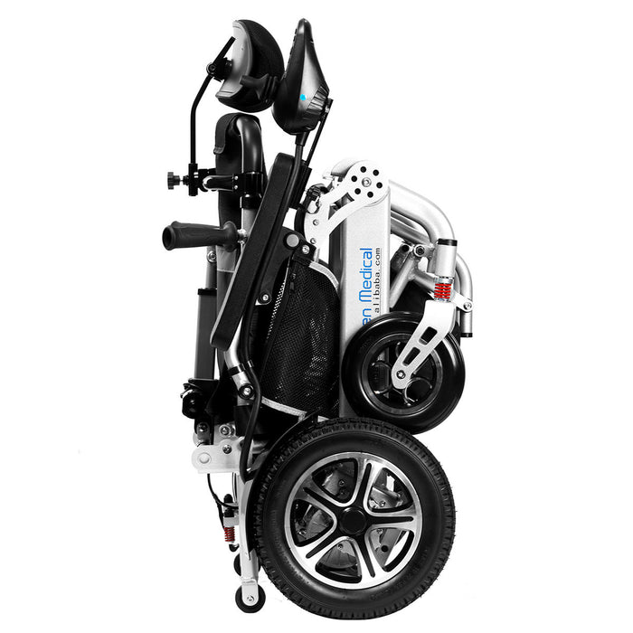 Silla de ruedas eléctrica plegable ligera con ruedas grandes y respaldo